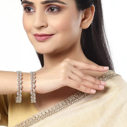 Image of ZENEME Bangle Gold Plated American Diamond Studded Sparkling Leafy Designed Set Of 2 Bangle Jewellery For Girl and Women