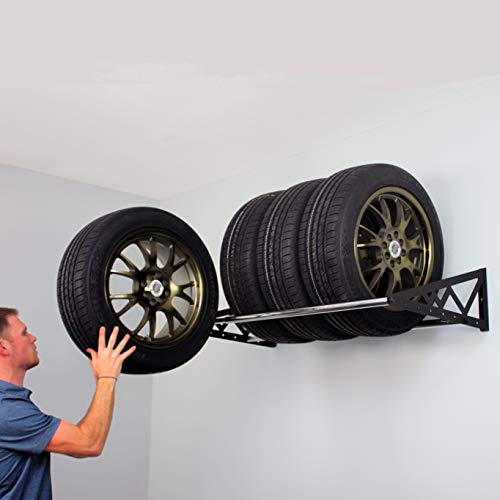 Saferacks Tire Rack - Adjustable 31"-56" Wall Mounted Tire Holder With Telescopic Rods, Hanging Tire Storage Rack For Spare Car Wheels, Heavy Duty Steel With 400 Lb Capacity, Garage Accessories, Black #TOP2