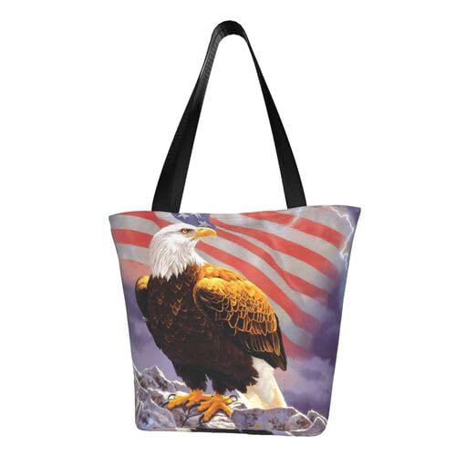 Tragetasche für Damen mit Reißverschluss – Adler mit USA-Flagge – lässige Handtasche Schultertaschen Strandtasche für Arbeit und Reisen, Schwarz , Einheitsgröße