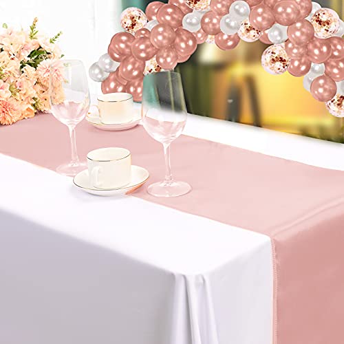 Mtreo 10 Pack Satin Table Runner Rose Gold 12" X 108" Long Silky And Smooth Table Runner Fit Rectangle And Round Table With 60 Pcs Balloons For Wedding, Birthday Party, Banquet, Graduation Decoration #TOP4