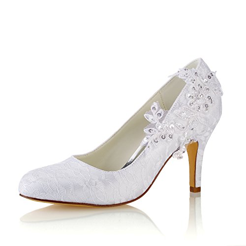 Emily Bridal Wedding Shoes Women's Silk Like Satin Stiletto Heel Pumps Stitching Lace Flower Crystal Pearl