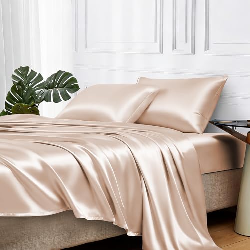 Image of MR&HM Satin Bed Sheets, Full Size Sheets Set, 4 Pcs Silky Bedding Set with 15 Inches Deep Pocket for Mattress (Full, Champagne)