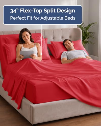 Image of CGK Unlimited Extra Deep Flex Top Split Head King Sheet Set - 6 Piece Breathable and Cooling Sheets - Hotel Luxury Bedding for Women, Men, Kids & Teens - Easy Secure Fit - Extra Deep Pockets - Red