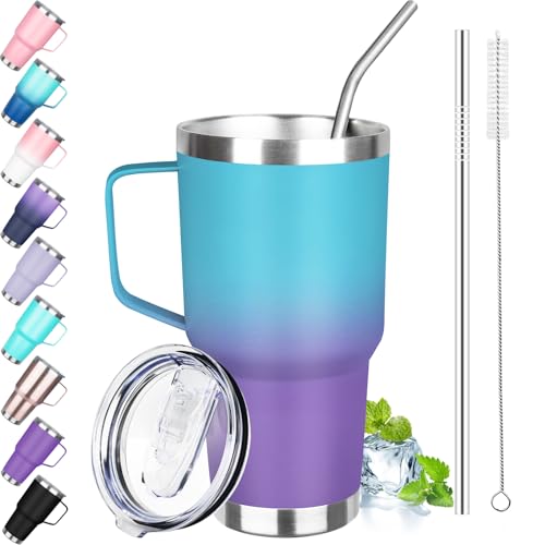 Image of 30 oz Tumbler with Handle, Stainless Steel Insulated Tumbler with Lid and Straw, Double Wall Vacuum Insulated Coffee Mug Tumbler, Insulated Coffee Thermal Cup for Cold and Hot (Blue Purple)