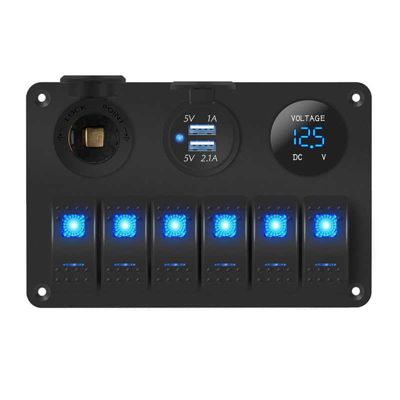 Pannello interruttori a bilanciere marino a 6 gruppi impermeabile 12 Volt, ginocchiera per barca 12V blu per illuminato per auto RV UTV