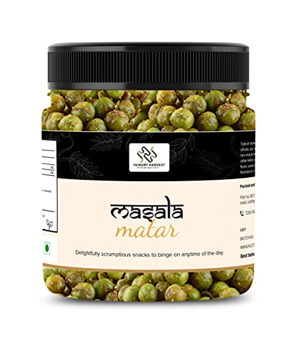 Hungry Harvest Masala Green Matar Roasted Peas Spicy & Crunchy Roasted Green Peas Masala Roasted matar|Spicy & Crunchy |Green Salty Masala Peas/Vatana | Jar Pack| (200 Grams (Pack of 1 of 200 Grams))