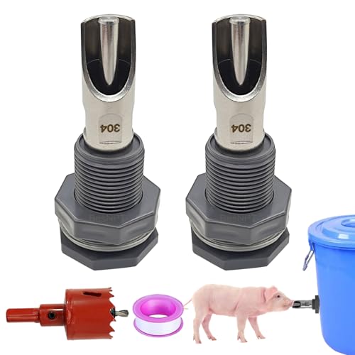 BesNPT 2 Sets Automatic Pig Nipple Drinkers Kit Stainless Steel Pig Waterer Nipples and Plastics Water Tank Connectors and Hole Openers for Pigs Swine Piglets