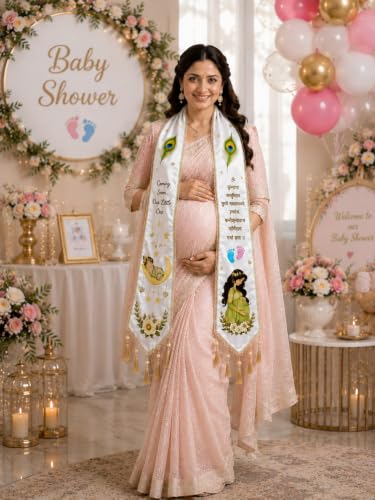Image of Mom to Be Baby Shower Dupatta for Godh Bharai and baby shower Stoles with Bal Krishna Print, Ceremonial Festive Seemantham Functions FREE Shreenathji Brooch Pin for Dad to Be