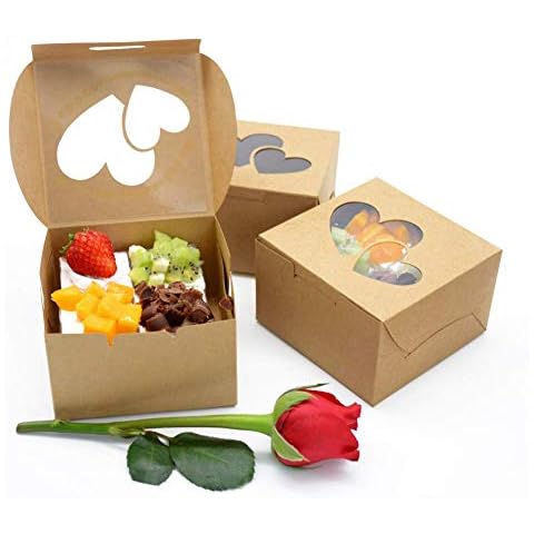 WEEPA Valentine's Day Bakery Boxes Cookie Boxes 25pcs Kraft Boxes Pie Boxes with Double Heart Window Wedding Gift Packaging Boxes Baby Shower Favor Box for Mini Cakes Pastries Candy Treat 4x4x2.5” Cover