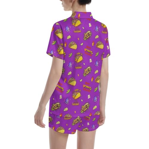 Image of Funny Pajamas for Women Set Print Satin Loungewear Pjs Short Sleeve Button Down Top and Shorts Sets Sleepwear XS-3XL