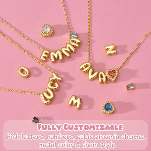 Ldurian Personalized Bubble Name Necklace, Tiny Name Plate Pendant Necklace, 14K Gold Plated Charm Cute Pre-made Jewelry for Women2
