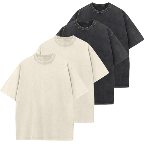 Image of Men's Oversized Cotton T-Shirts Loose Fit Vintage Washed Tee Unisex Short Sleeve Casual Shirts Tops