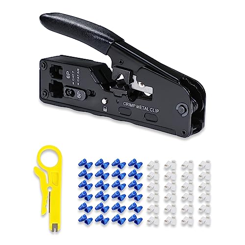 Lot de 50 pinces à sertir tout-en-un RJ45 RJ12 Ethernet Pass-Through pour connecteurs modulaires Cat5 Cat5e Cat6 Cat6a Cat7 avec mini pince à dénuder et couvercles