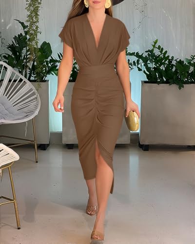 Image of CHICME Summer Dresses for Women Floral Print Plunge V Neck Midi Dress Casual Ruched Slit Bodycon Party Dress