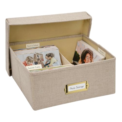Hiwhy Photo Storage Organizer, Sturdy Linen Photo Box with 4 Dividers, 6 Divider Cards and 2 Label Stickers, Stylish Storage Box for Storing Photos, Birthday Cards, Keepsake, Postcard, Beige