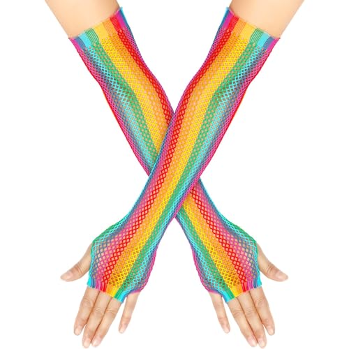 Fishnet Fingerless Gloves, Neon Mesh Long Arm Warmers Accessories for Women Pride Day Parade Halloween Rave Party Cosplay Costume Decoration