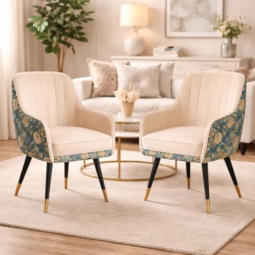 BAWARI Set of 2 Accent Chair for Living Room | Modern Armchair in Soft Velvet Fabric with Sturdy Legs | Premium Chair for Home Living Room Bedroom Restaurent | (Dual Fabric, White)