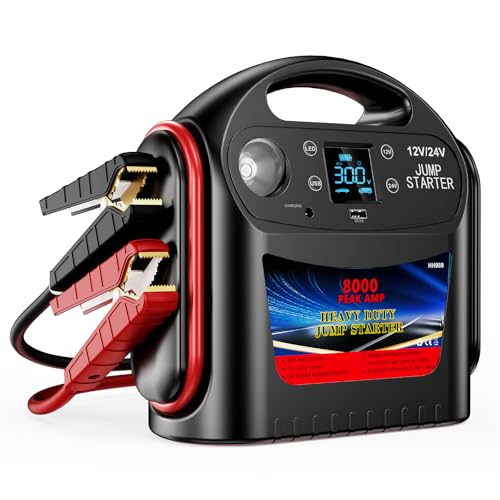 8000A Car Battery Jump Starter for All Gas/Diesel,12V/24V Intelligent Car Jumper Starter Battery Pack, Heavy Duty Portable Jump Box Power Pack with LED Light
