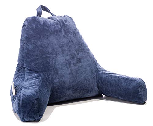 FavFactory Reading Pillow Arms & Pockets Sitting Up in Bed - Bedrest Chair Pillow Removable Cover & Shredded Memory Foam Back Support When Lounging (Navy Blue, Large)