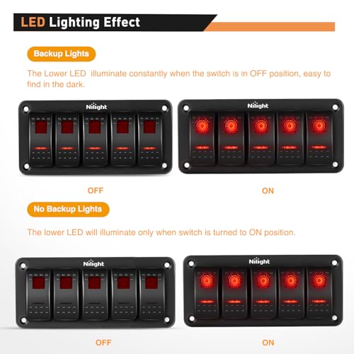 Image of Nilight 5 Gang Rocker Switch Panel SPST On Off Toggle with DIY Label Sticker | 5PIN Electrical 12V /20A 24V /10A Aluminum Plate with Pre-Wired Jumper Wires for LED Light Bar RV Boats 4X4 Cars Red