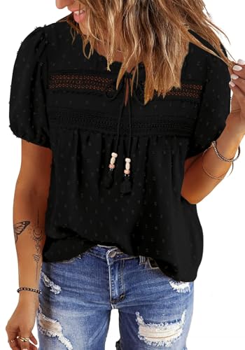 BETTE BOUTIK Women Boho Tops Short Sleeve Summer Flowy Shirts Lace Casual Loose Trendy Blouses