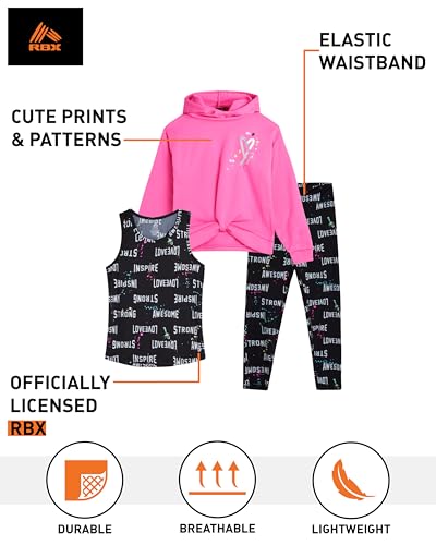 Image of RBX Girls Pants Set - 3 Piece Active Fleece Tank Top Pullover Girls Hoodies and Kids Leggings Athletic Set (7-14)