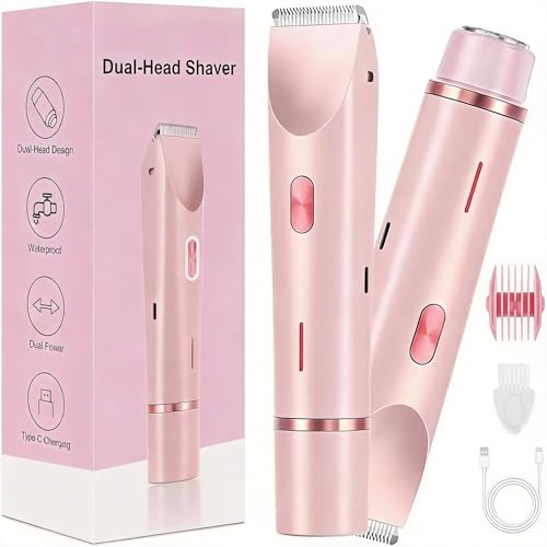 Dermave Bikini Shaver 2 in 1 Dual Head Bikini Trimmer for Women Cordless & IPX7 Waterproof Electric Razors Wet & Dry Use Painless Hair Removal(Light Pink)