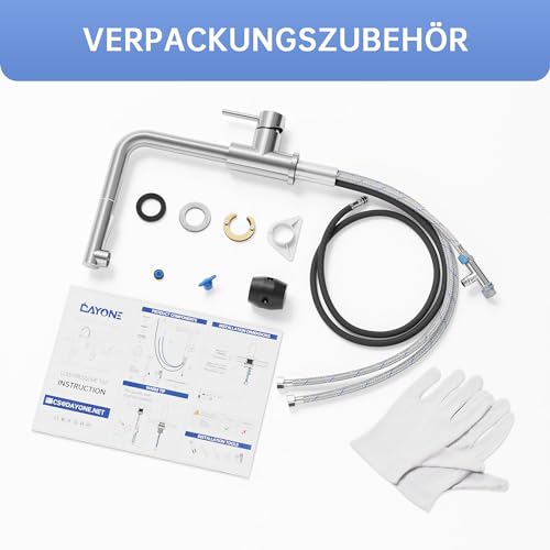 DAYONE Niederdruck Wasserhahn Küche Ausziehbar, Niederdruck Armatur Küche Ausziehbar 3 Anschlüsse, 2 Strahlarten 360° Drehbar Spültischarmatur L-Förm, Ausziehbar Küche Mischbatterie für Boiler