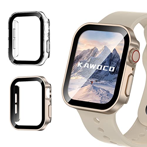 Singiuzoo 2 Pack Waterproof Case for Apple Watch Series 9 8 7 45mm, Straight Edge PC Bumper with Tempered Glass Screen Protector 360 Protective Cover for iWatch (45mm, Starlight/Clear)