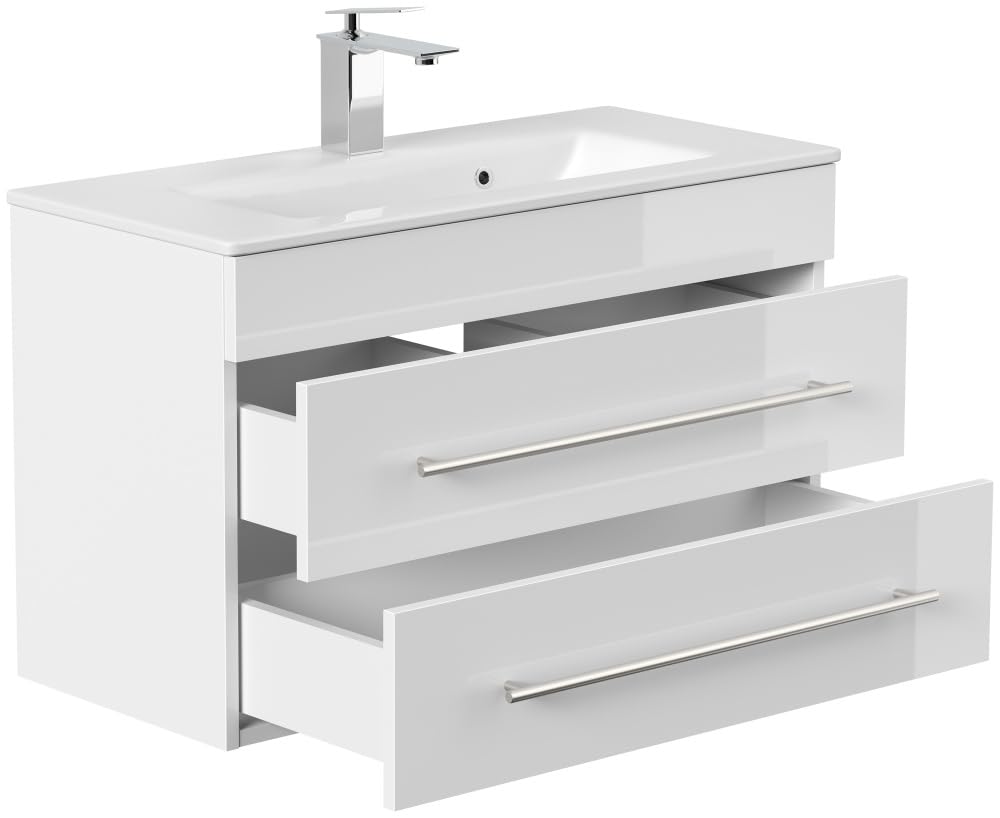 Badmöbel Mars 800 SlimLine mit Keramik Waschbecken, Weiß Hochglanz, 80 cm | SoftClose, Unterschrank mit 2 Schubladen, für Badezimmer