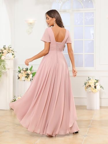 Chiffon Bridesmaid Dresses for Women Long V Neck Ruffle Ruched High Low Formal Evening Gown with Pockets3