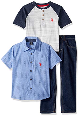 U.S. Polo Assn. Boys' Little 3 Piece Short Sleeve Woven Shirt, Henley, and Jean Set, Baby Blues Multi Plaid, 4