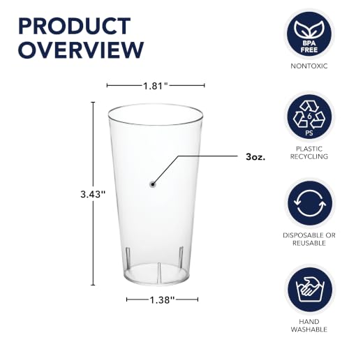 Condition photo showing New/Like New for party essentials disposable 3 oz. tall plastic shot glasses/straight wall shooters/tasting sample dessert cups, clear, 20 count