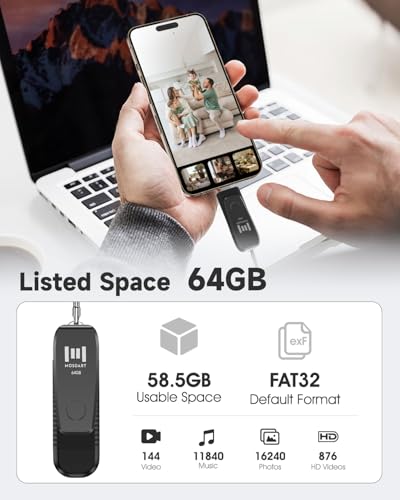 Image of MOSDART 64GB USB C and A 3.1 Dual Flash Drive with Keychain, Black | Fits Android Phones, iPhone 15, 16, 17, Macbook, iPad, For Photos and Videos, USB-C Port Protection, Phone Case Friendly