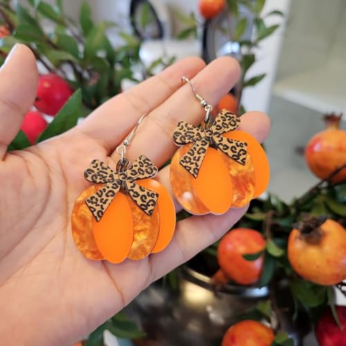 Fall Pumpkin Leopard Print Bow Dangle Drop Statement Earrings for Women Acrylic Bowknot Ribbon Autumn Thanksgiving Hook Hoop Earring Cute Jewelry Gifts Halloween Festival4