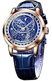 OLEVS Men Automatic Watches Starry Sky Moon Phase Blue Leather Luxury Rose Gold Dress Waterproof Luminous Wrist Watches