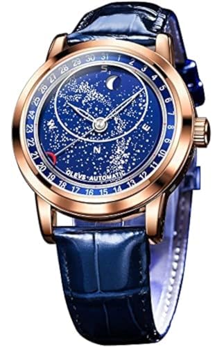 OLEVS Sternenhimmel Mondphase Herren Automatik Mechanische Uhren Blau Leder Luxus Kleid Wasserdicht Leuchtende Armbanduhren, Silber-blaue Uhr