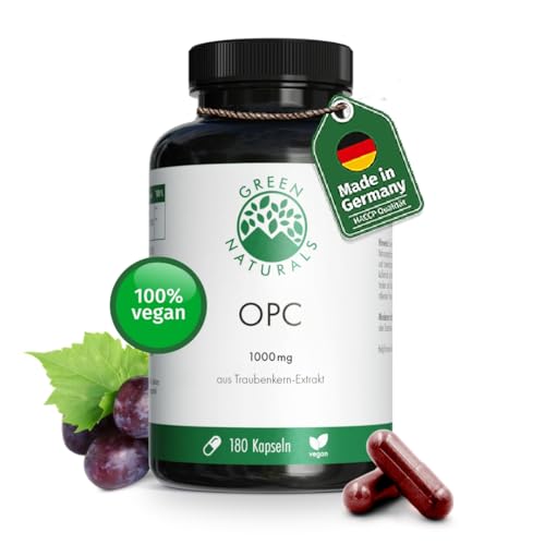 OPC extrait de pépins de raisin - 1250 mg d'extrait et 1000 mg d'OPC par dose quotidienne - 200 gélules haute concentration pour 3 mois - végane, fabriqué en Allemagne - Green Naturals®