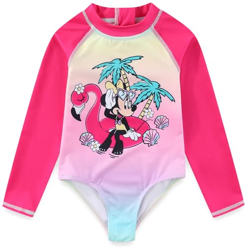 Disney Minnie Mouse Girls UPF 50+ One Piece Long Sleeve Rash Guard Bathing Suit for Toddler and Big Kids