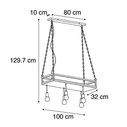 Qazqa Esstisch Industrie Pendelleuchte, Pendellampe - Shelf - Schwarz, Rechteckig, Holz, 5-flammig, 100cm, Ideal als Esszimmerlampe und Wohnzimmerlampe