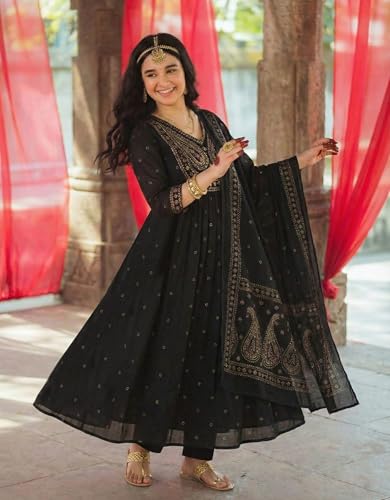 Image of GoSriKi Rust Anarkali Kurta Set for Women with Dupatta | Cotton Kurti Set for Woman | Embroidered Anarkali Suit for Women Kurti Pant Set with Dupatta | Suit Set for Women Latest
