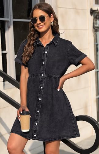 Image of Denim Dress for Women 2026 with Pockets Short Sleeve Jean Dresses for Women