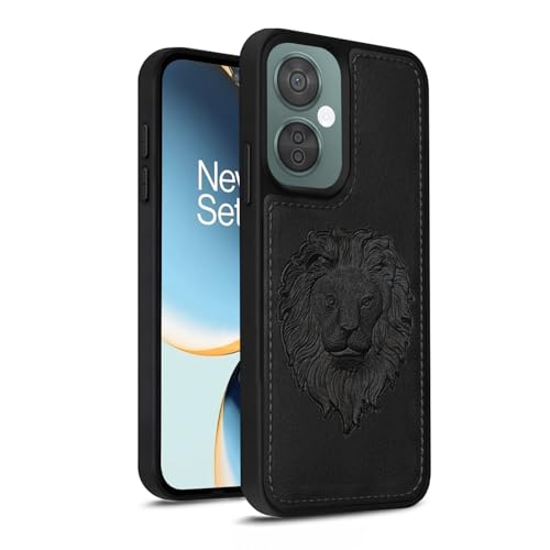 Image of Vaku Luxos Lion Embossed Back Cover Case for OnePlus Nord CE 3 Lite Premium Leather Stitched Soft Shockproof Protective TPU Phone Case Camera Screen Protector- Black