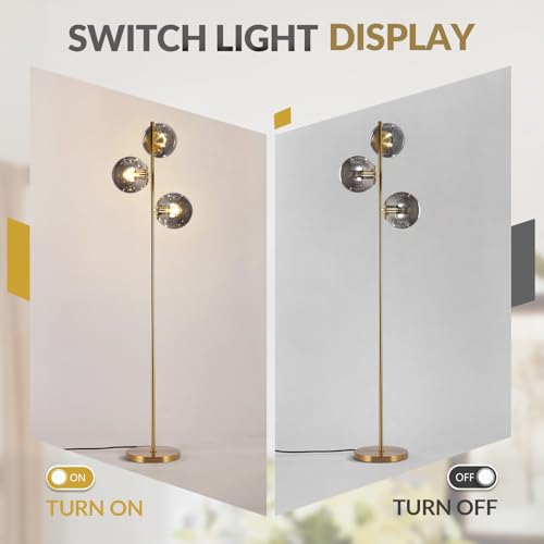Image of BOKT Mid Century Gold Floor Lamp Modern 3-Light Standing Lamp with Smokey Gary Glass Globe Shade Bright Floor Lamps Office Standing Pole Light for Living Room Bedroom Home Decor