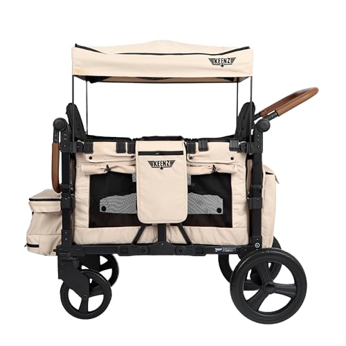 Image of Keenz VYOO Stroller Wagon with Canopy - Foldable Design for Easy Storage, 5 Seating Positions for Kids, Enhanced Child Safety, All-Terrain Mobility, 2-Passengers, Mocha