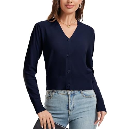 Women's V-Neck Button Down Long Sleeve Cardigan for Women Cropped Soft Lightweight Knit Sweater Navy Small