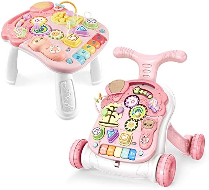 Baby Learning Walker Sit-to-Stand Baby Walker with Wheels Entertainment Table Kids Early Educational Activity Center, Baby Push Walkers for Boys and Girls, Pink