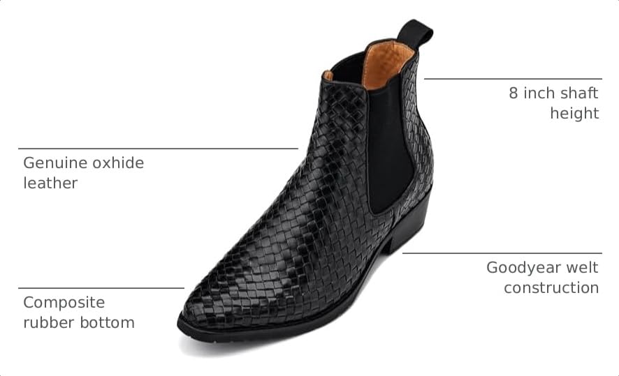 Image of CALTO Men's Invisible Height Increasing Elevator Shoes - Black Premium Leather Woven Slip-on Chelsea Ankle Boots - 3.3 Inches Taller - K30521 - Size 9.5 D(M) US