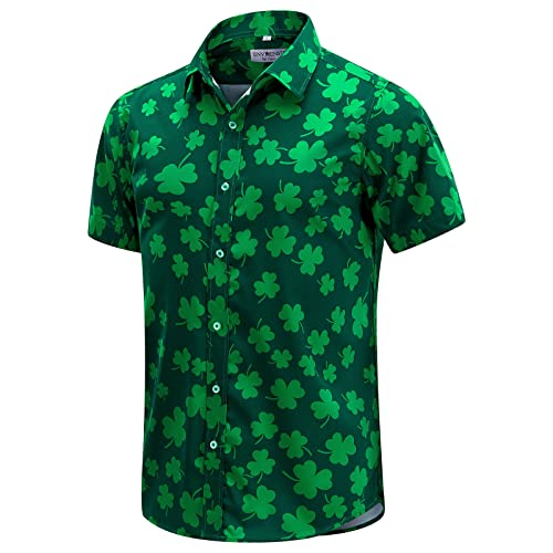 ENVMENST Camisa Hawaiana de Manga Corta con Botones para Hombre con Estampado de trébol irlandés, g, M