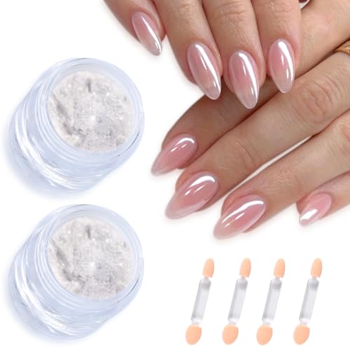 FSpronail Moonlight White Chrome Nail Powder 2Pcs Pearl Chrome for Glazed Donut Nails Clear Cromer Powder Pearlescent Mirror Effect Shimmer Glitter Aurora Pigment Dust Manicure Decoration